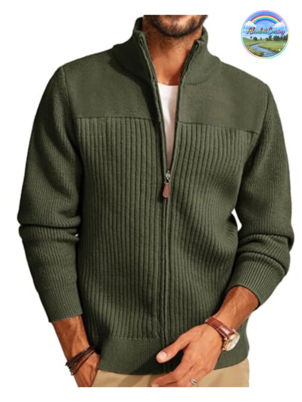 Mens Ribbed Knit Full Zip Cardigan Sweater Stand Collar